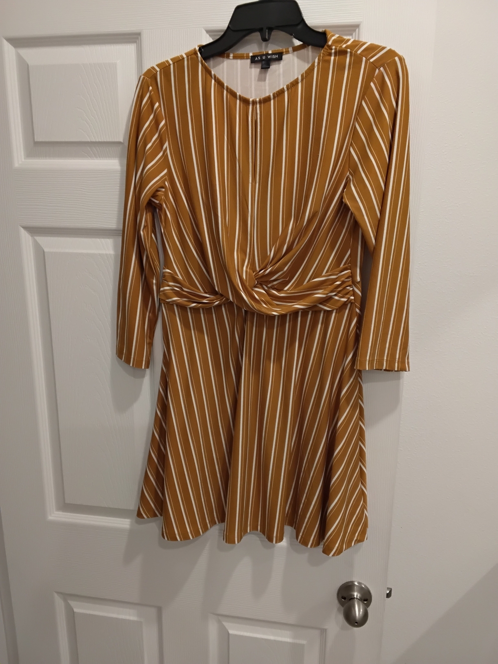 Long-Sleeve Twist-Front Striped Dress in Mustard by New York & Company